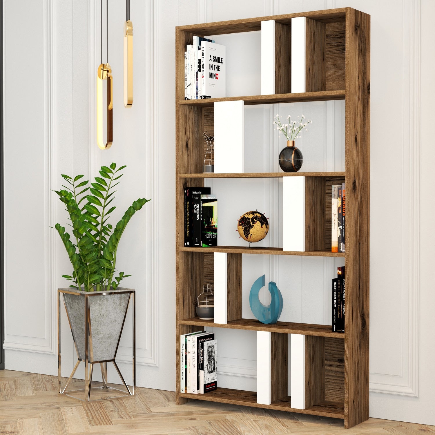 Estante moderna – 90 x 180 x 20 cm – Nogueira e Branca – MDF revestido de melamina