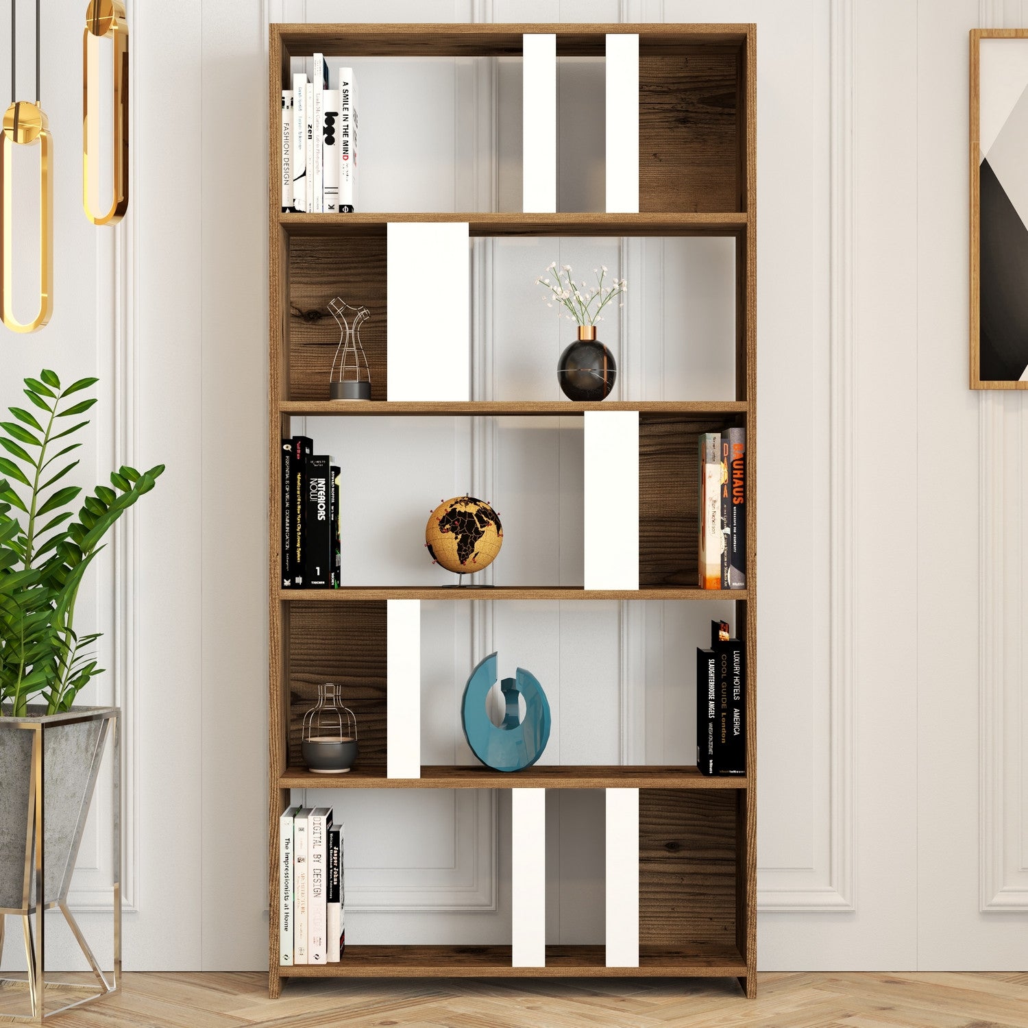 Estante moderna – 90 x 180 x 20 cm – Nogueira e Branca – MDF revestido de melamina