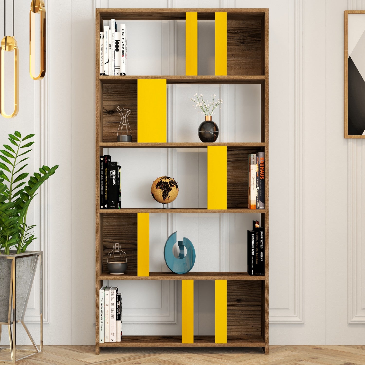 Estante Boémia – 90 x 180 x 20 cm – Nogueira e Amarelo – Painel de partículas revestido a melamina
