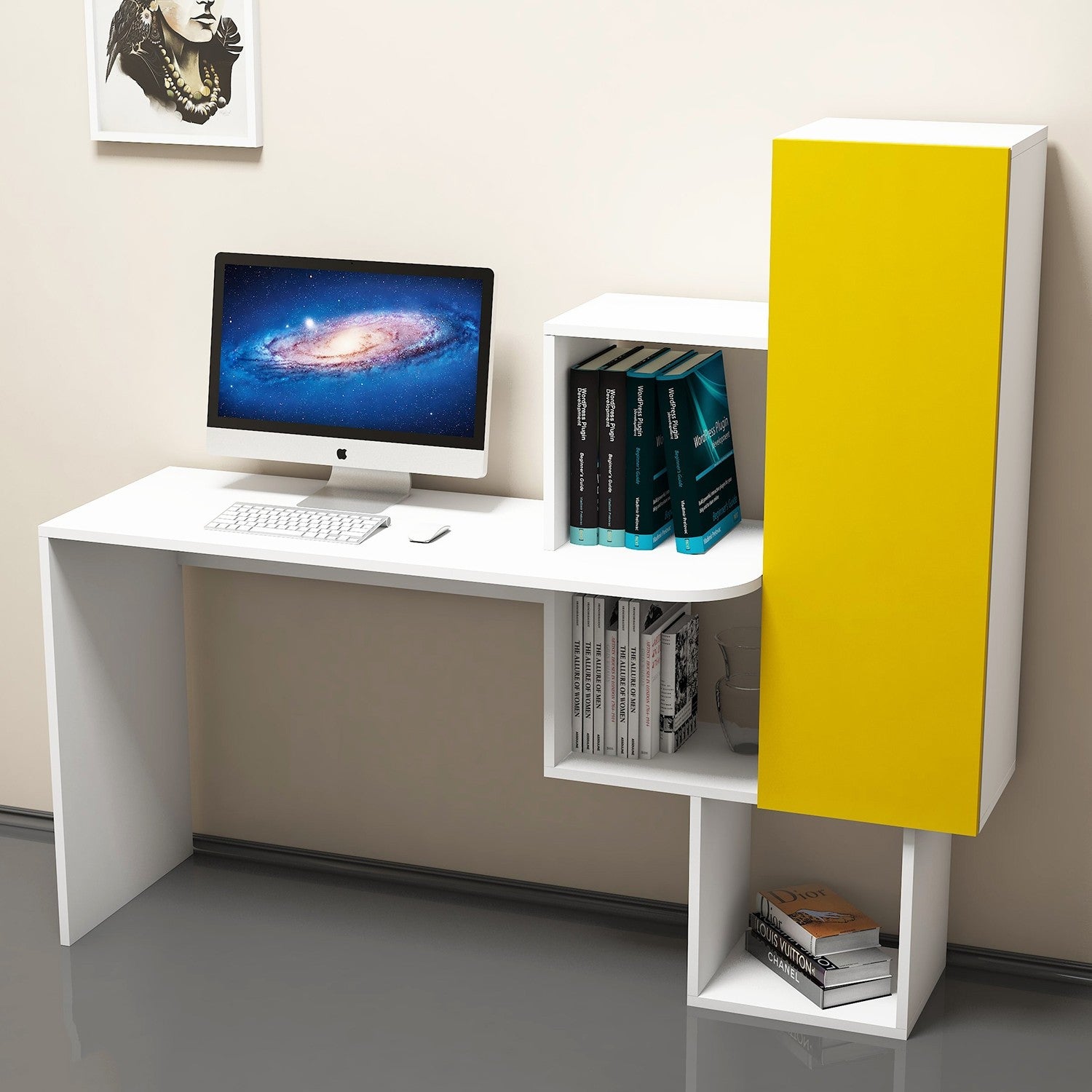 Secretária de Estudo com Estante – 145 x 74,8 x 45 cm – Branco e Amarelo – 100% Melamina