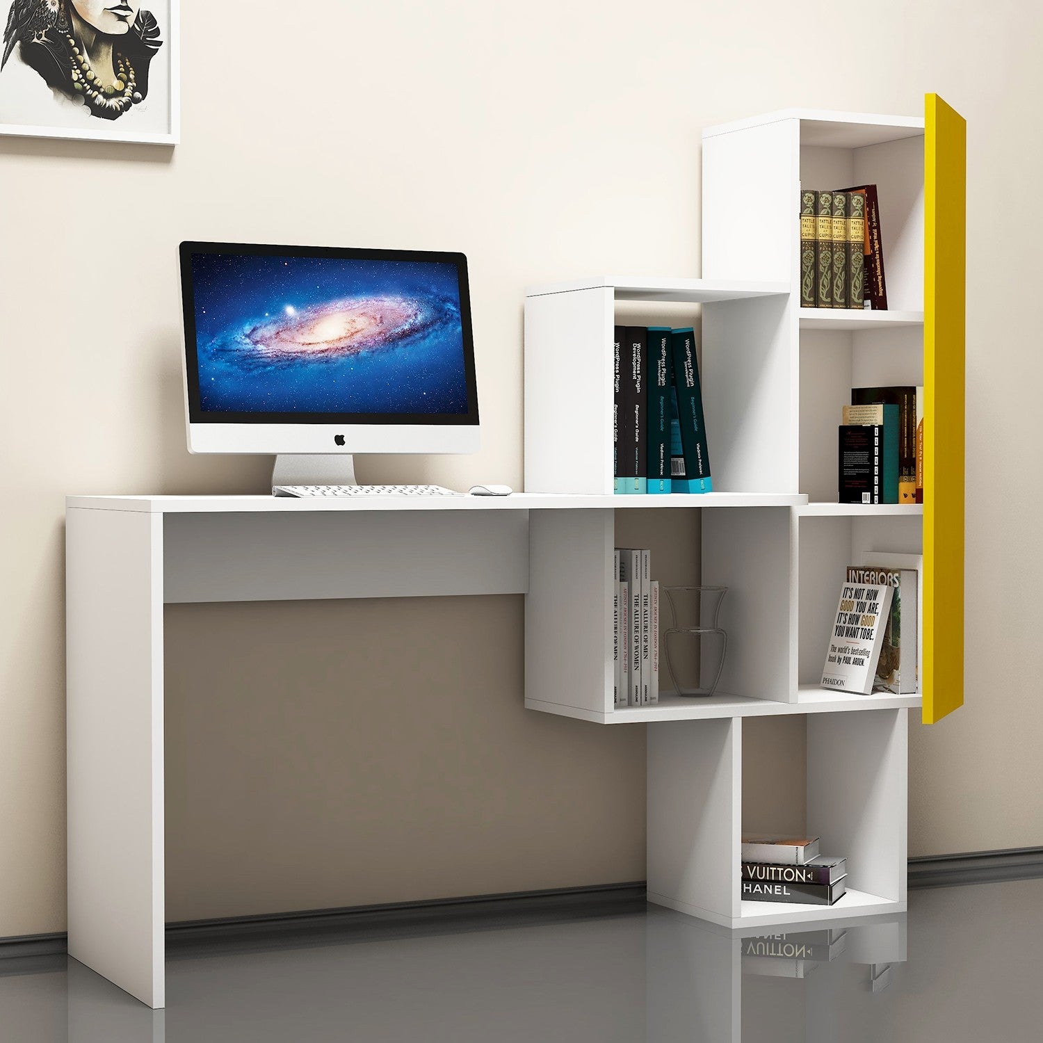 Secretária de Estudo com Estante – 145 x 74,8 x 45 cm – Branco e Amarelo – 100% Melamina