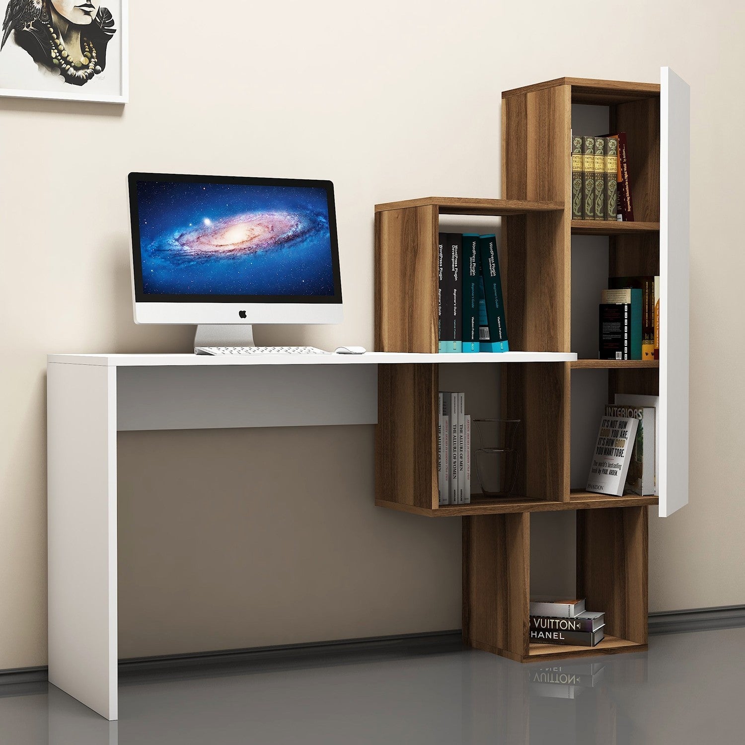Secretária de Estudo moderna com estante – 145 x 74,8 x 45 cm – nogueira e branco – painel de partículas revestido a melamina