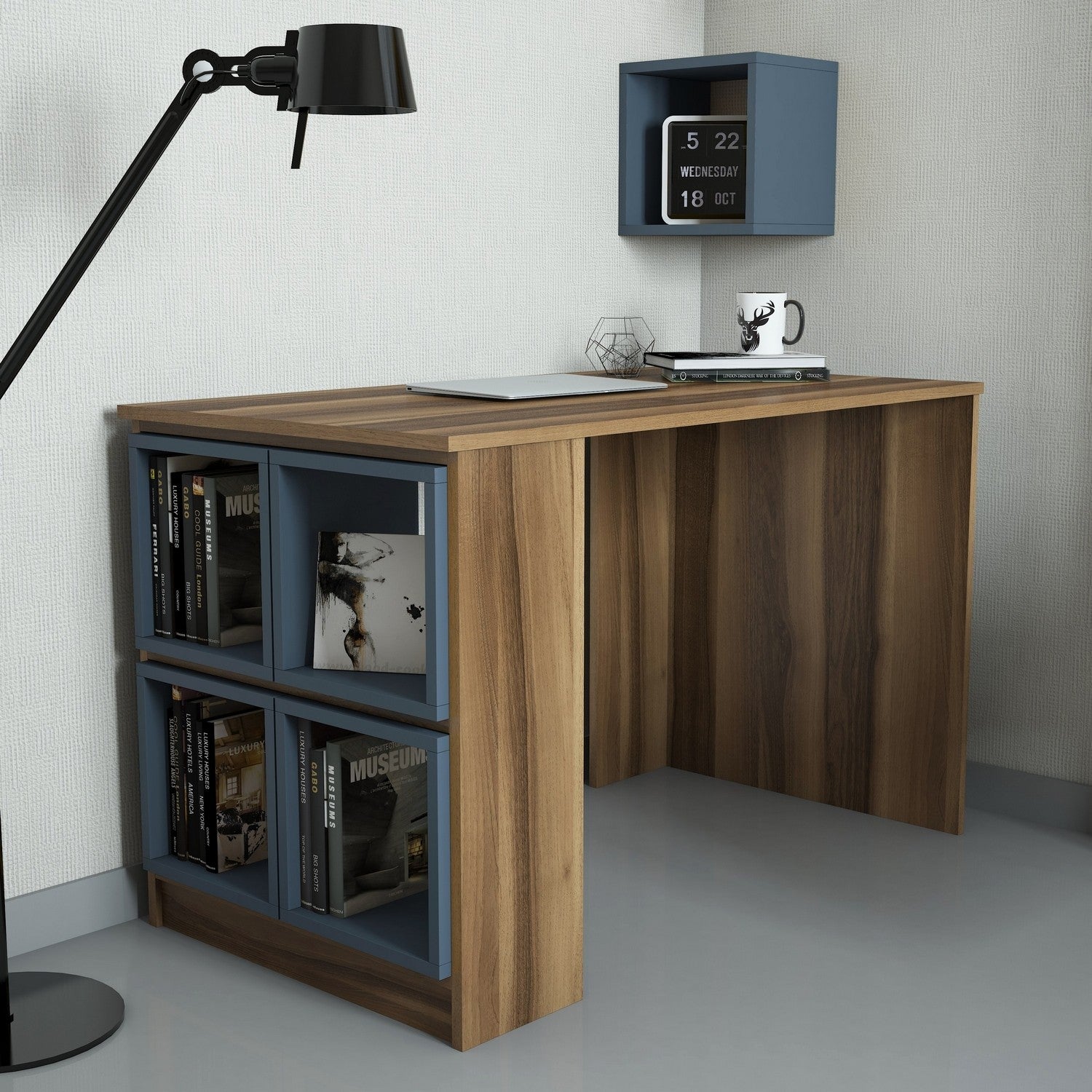 Secretária de Estudo Moderna com Prateleira de Parede – 120 x 75 x 65 cm – Nogueira e Calcedónia – 100% Melamina