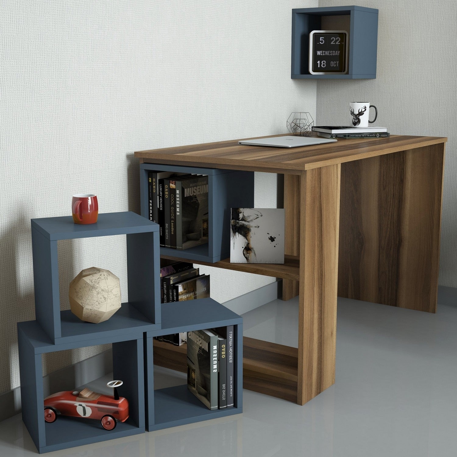 Secretária de Estudo Moderna com Prateleira de Parede – 120 x 75 x 65 cm – Nogueira e Calcedónia – 100% Melamina