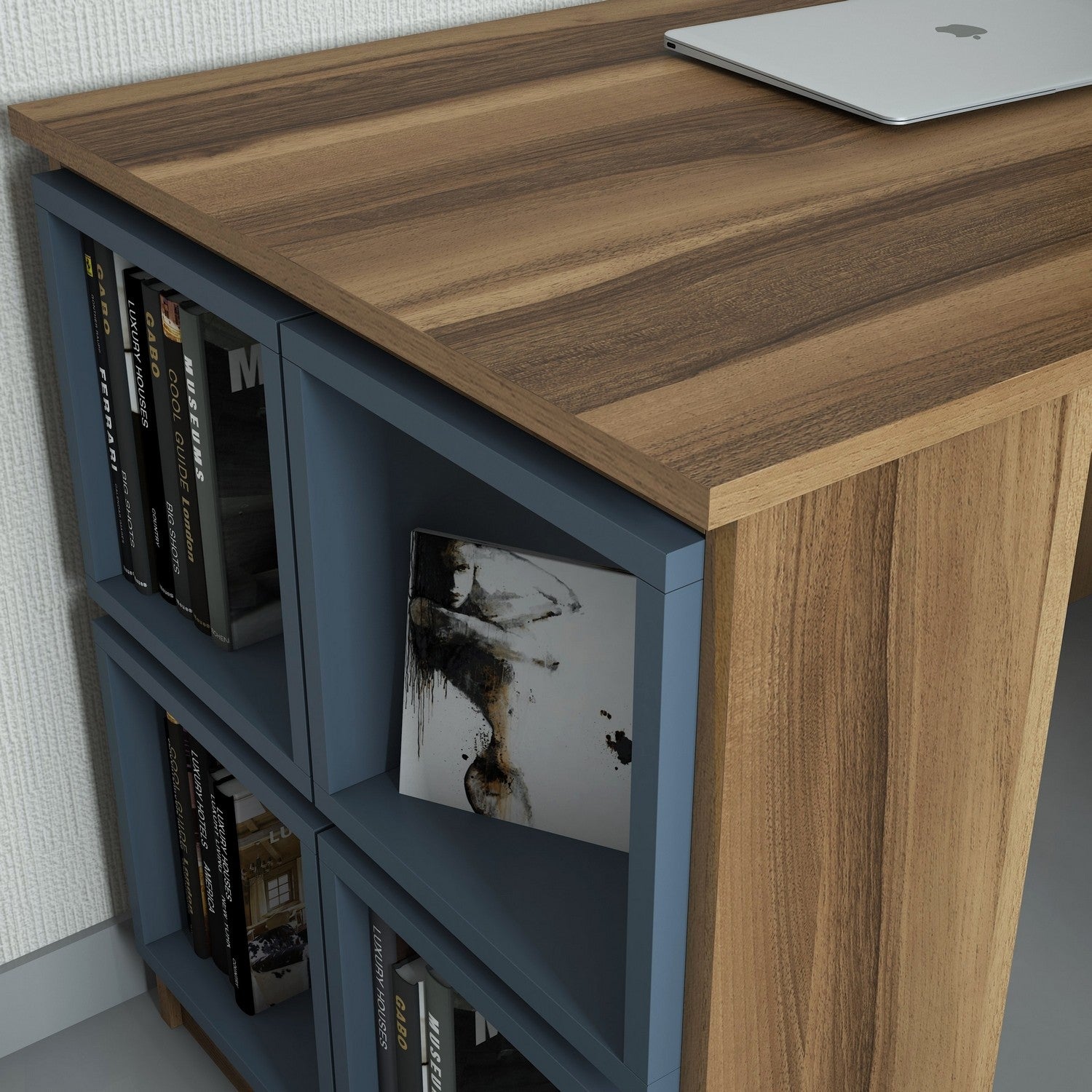 Secretária de Estudo Moderna com Prateleira de Parede – 120 x 75 x 65 cm – Nogueira e Calcedónia – 100% Melamina