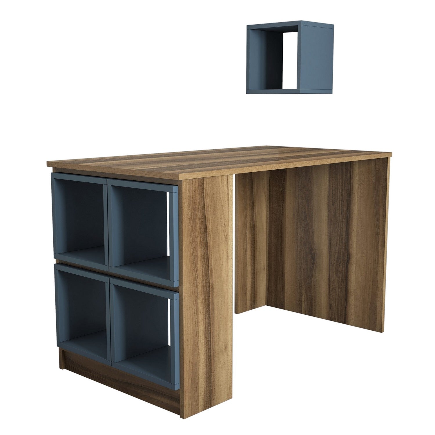 Secretária de Estudo Moderna com Prateleira de Parede – 120 x 75 x 65 cm – Nogueira e Calcedónia – 100% Melamina