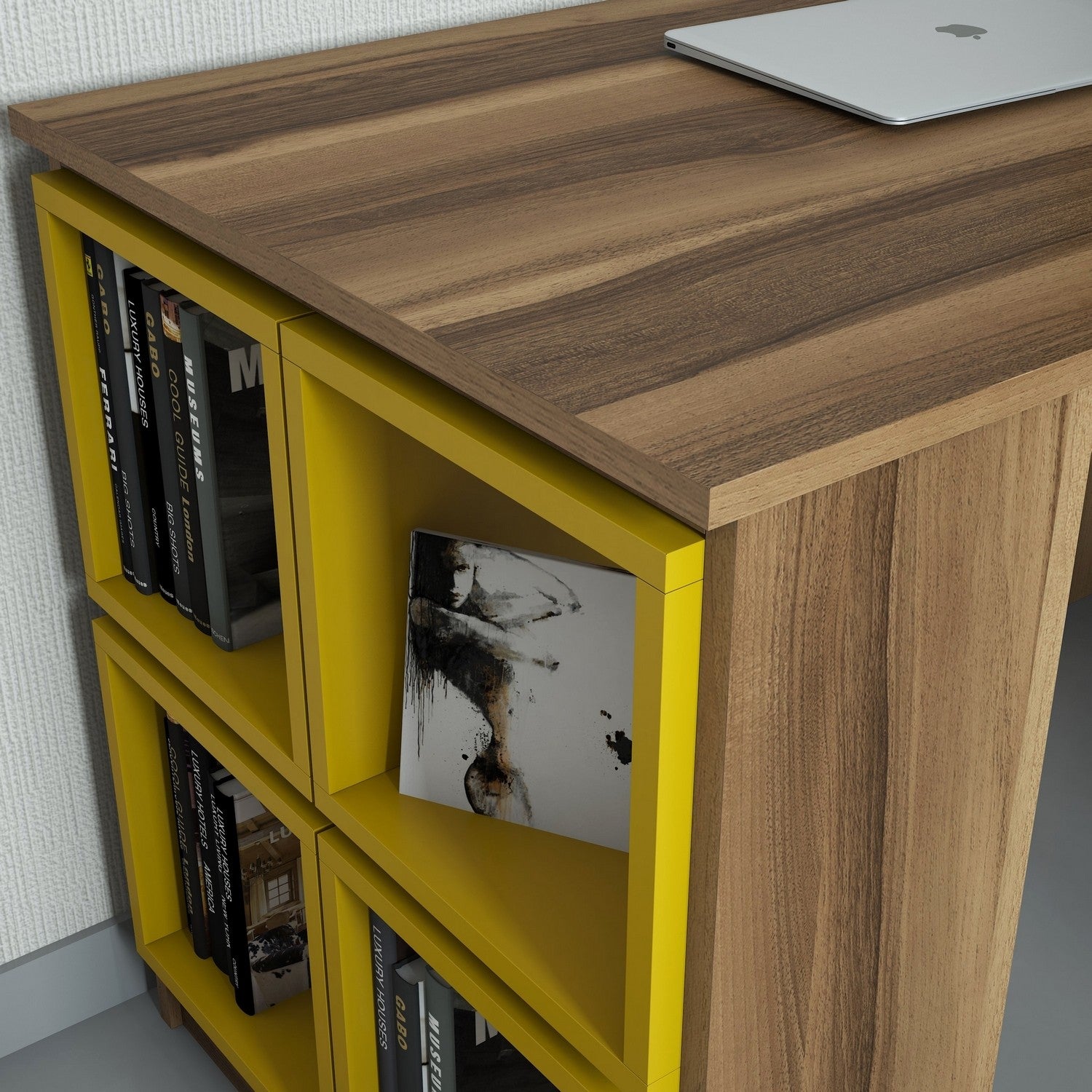 Secretária de Estudo – 120 x 75 x 65 cm – Nogueira e Amarelo – Painel de Partículas Revestido a Melamina