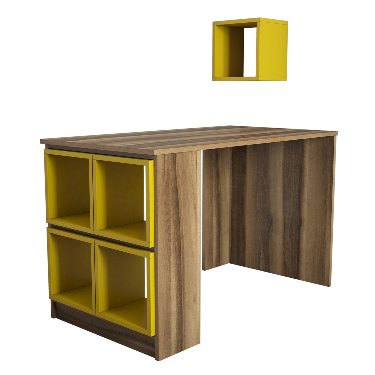 Secretária de Estudo – 120 x 75 x 65 cm – Nogueira e Amarelo – Painel de Partículas Revestido a Melamina