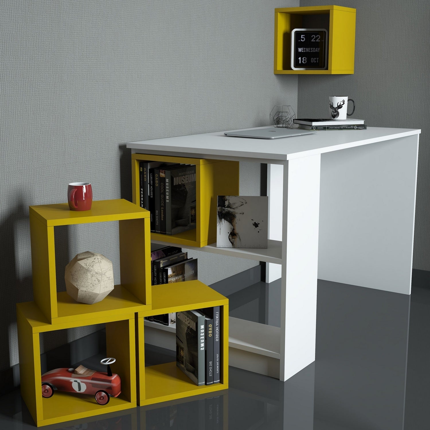 Secretária de Estudo – 120 x 75 x 65 cm – Branca e Amarela – 100% Revestimento em Melamina