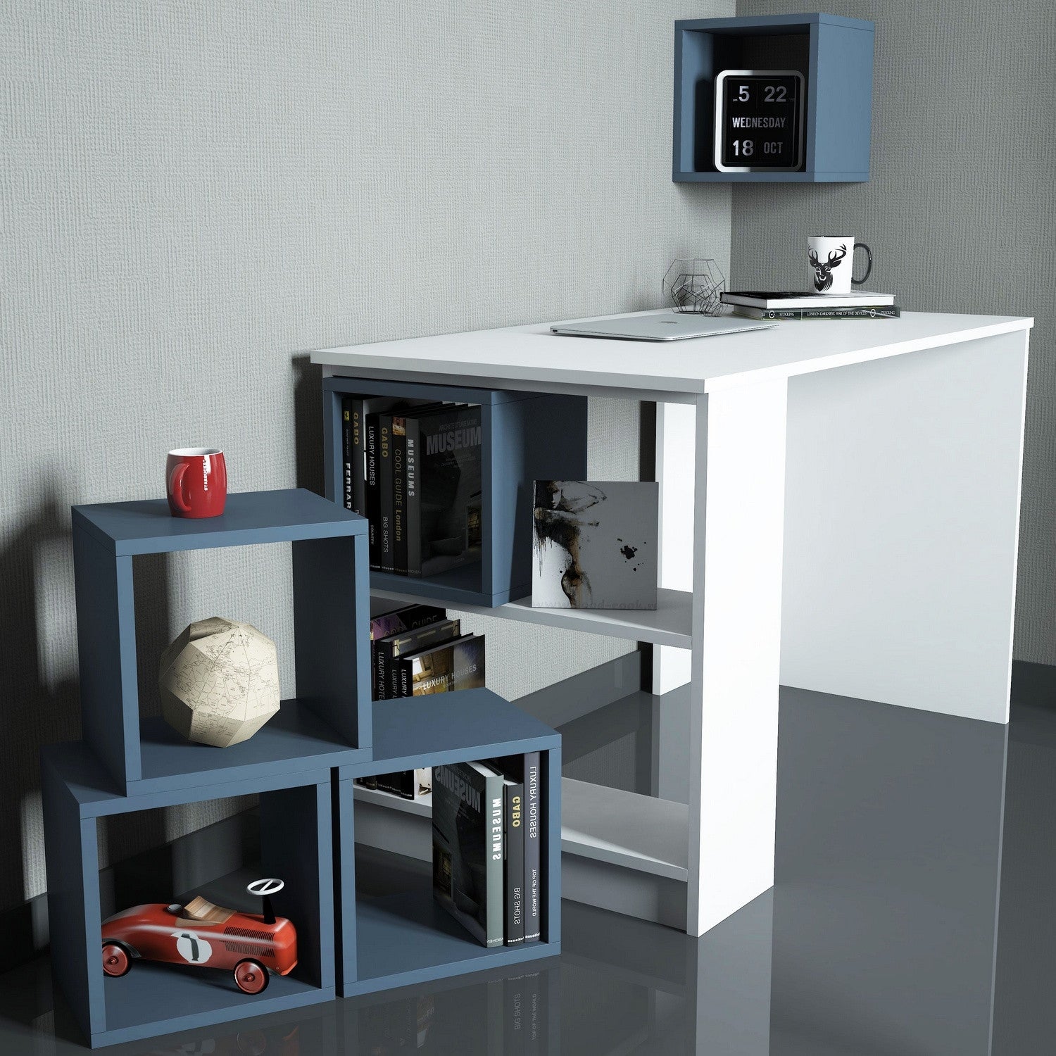 Secretária de Estudo Moderna – 120 x 75 x 65 cm – Branca e Azul – Painel de partículas de melamina