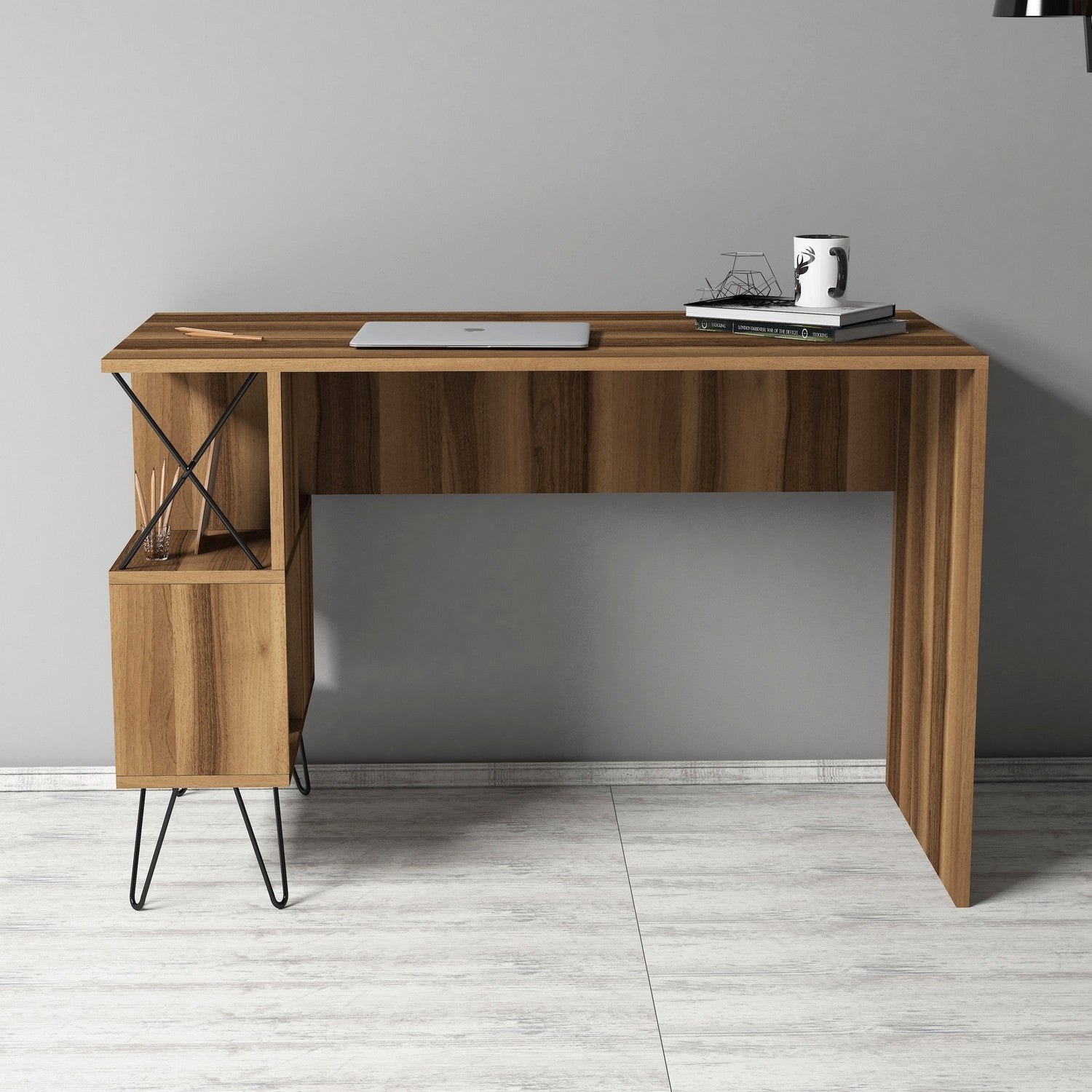 Secretária de Estudo Moderna – 120 x 60 x 78,8 cm – Nogueira e Preto – Painel de Partículas revestido a Melamina