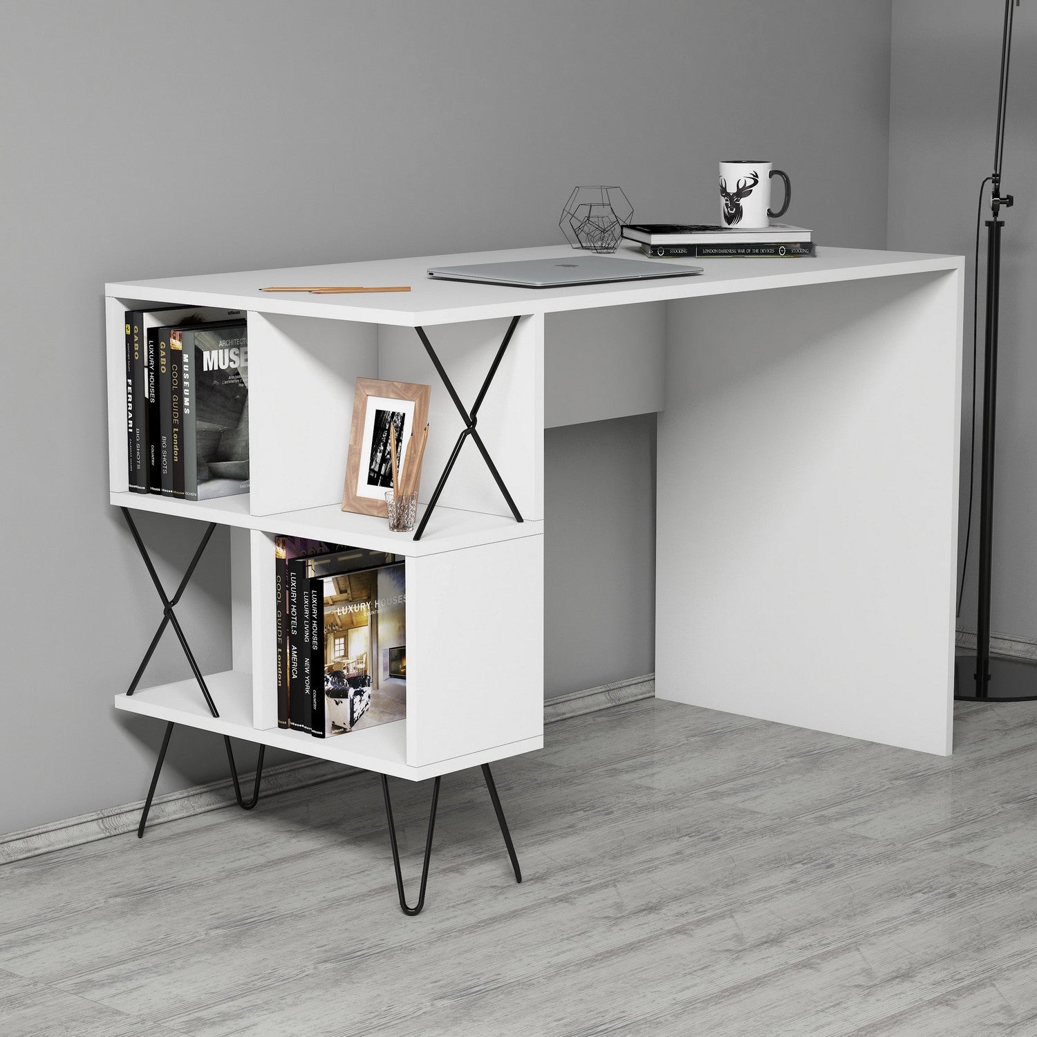 Secretária de Estudo Moderna – 120 x 78,8 x 60 cm – Branco e Preto – Painel de Partículas Revestido em Melamina