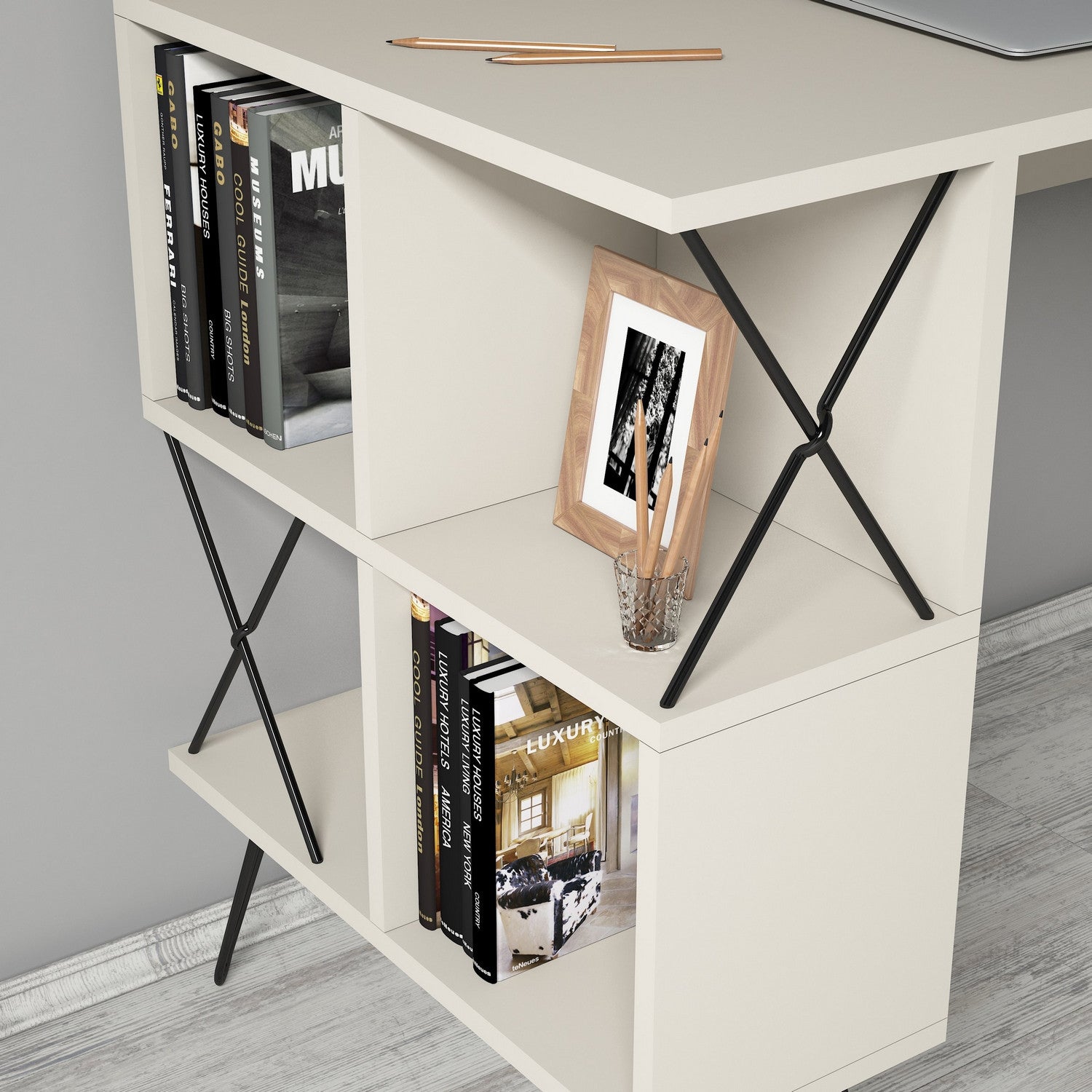 Secretária de Estudo Moderna com Prateleira de Parede – 120 x 60 x 78,8 cm – Creme e Preto – Melamina