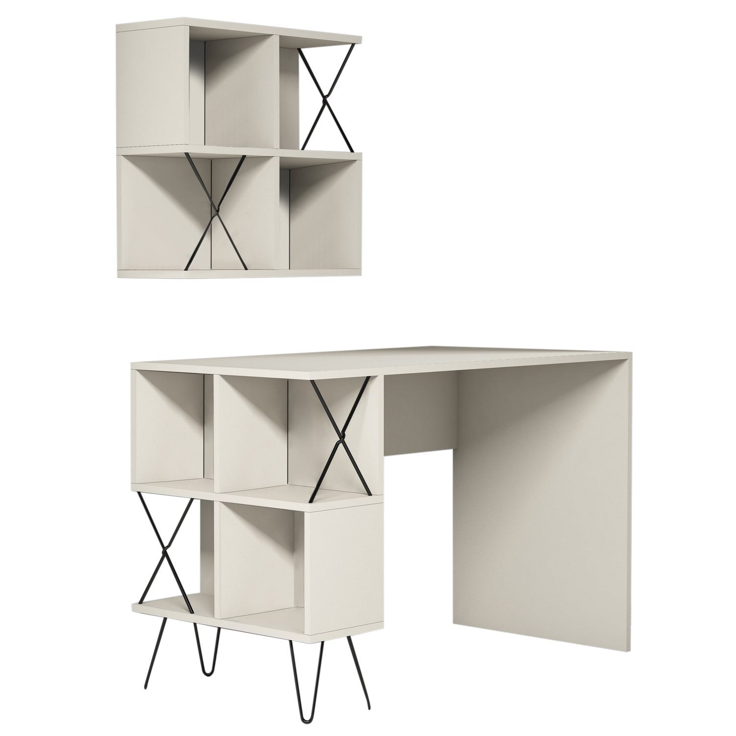 Secretária de Estudo Moderna com Prateleira de Parede – 120 x 60 x 78,8 cm – Creme e Preto – Melamina