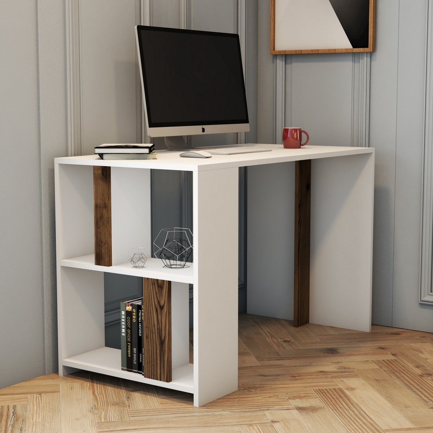 Secretária de Estudo – 120 x 60 x 75,4 cm – Branco e Nogueira – Melamina