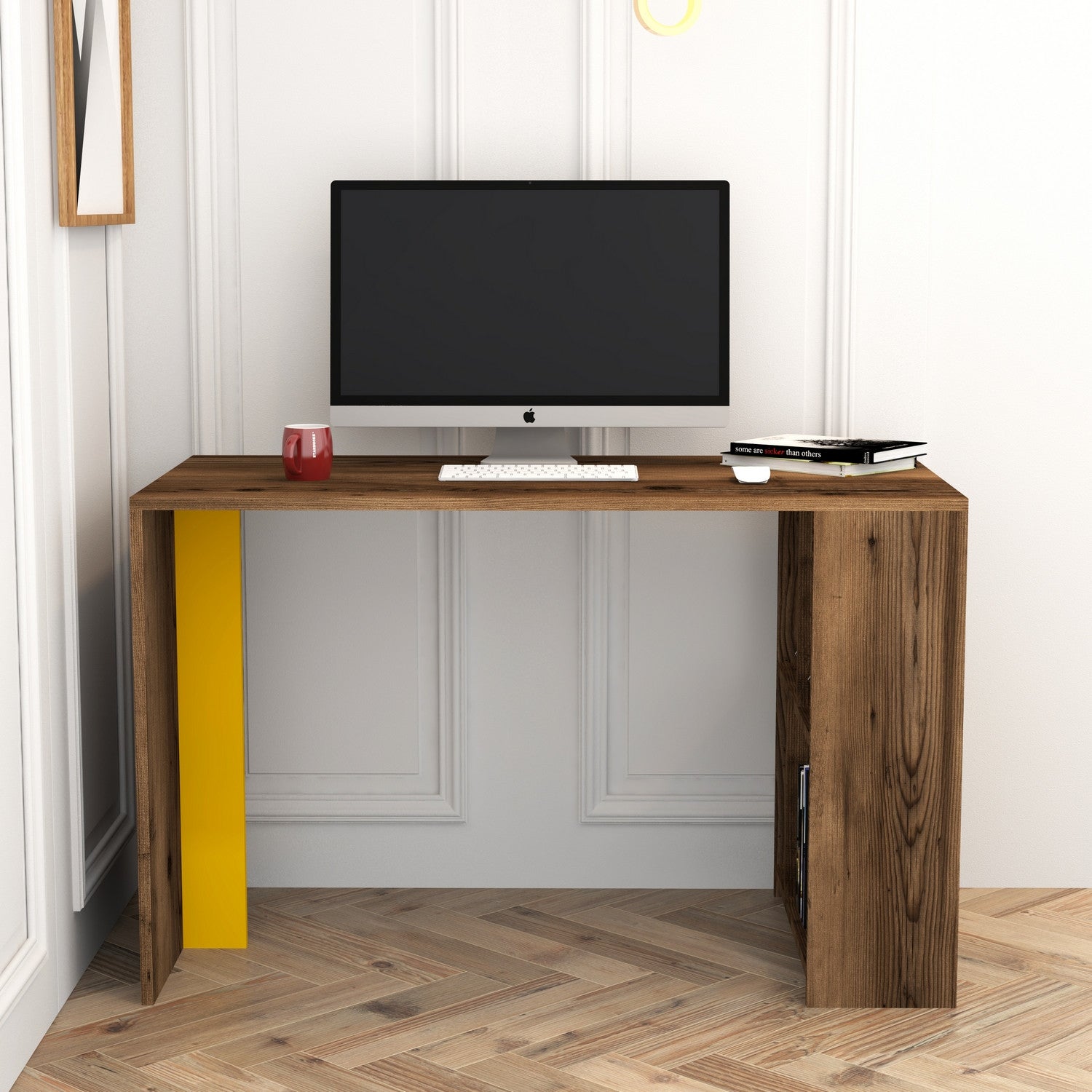 Secretária de Estudo – 120 x 60 x 75,4 cm – Nogueira e Amarelo – Painel de Partículas revestido a Melamina