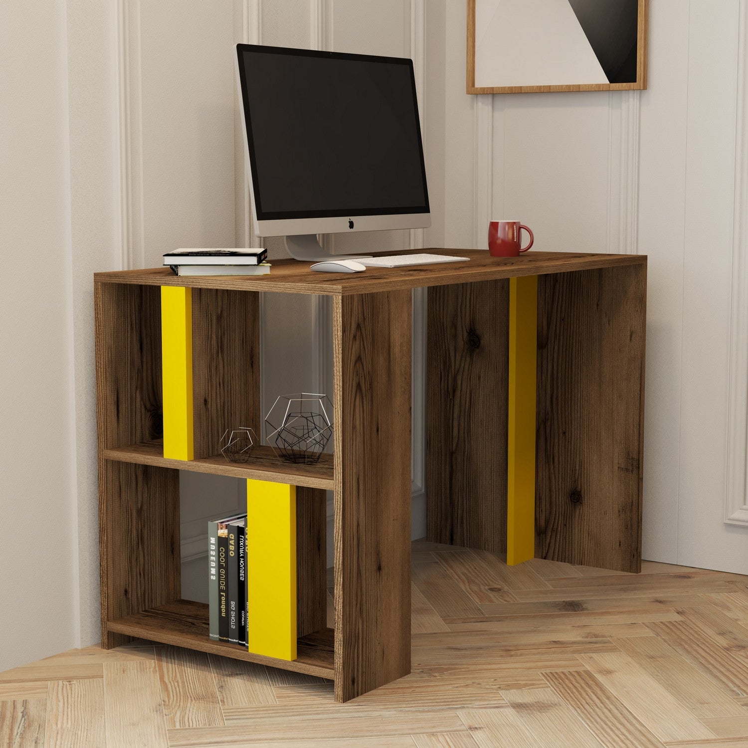 Secretária de Estudo – 120 x 60 x 75,4 cm – Nogueira e Amarelo – Painel de Partículas revestido a Melamina