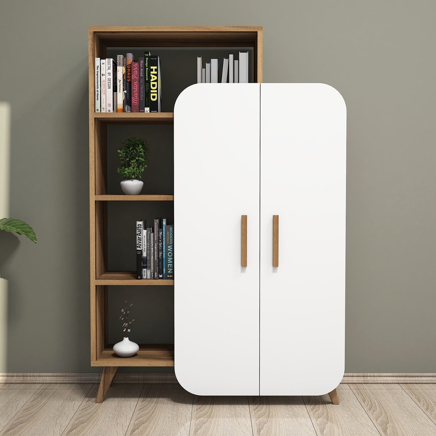Estante moderna – 90 x 132 x 32 cm – nogueira e branco – painel de partículas revestido a melamina