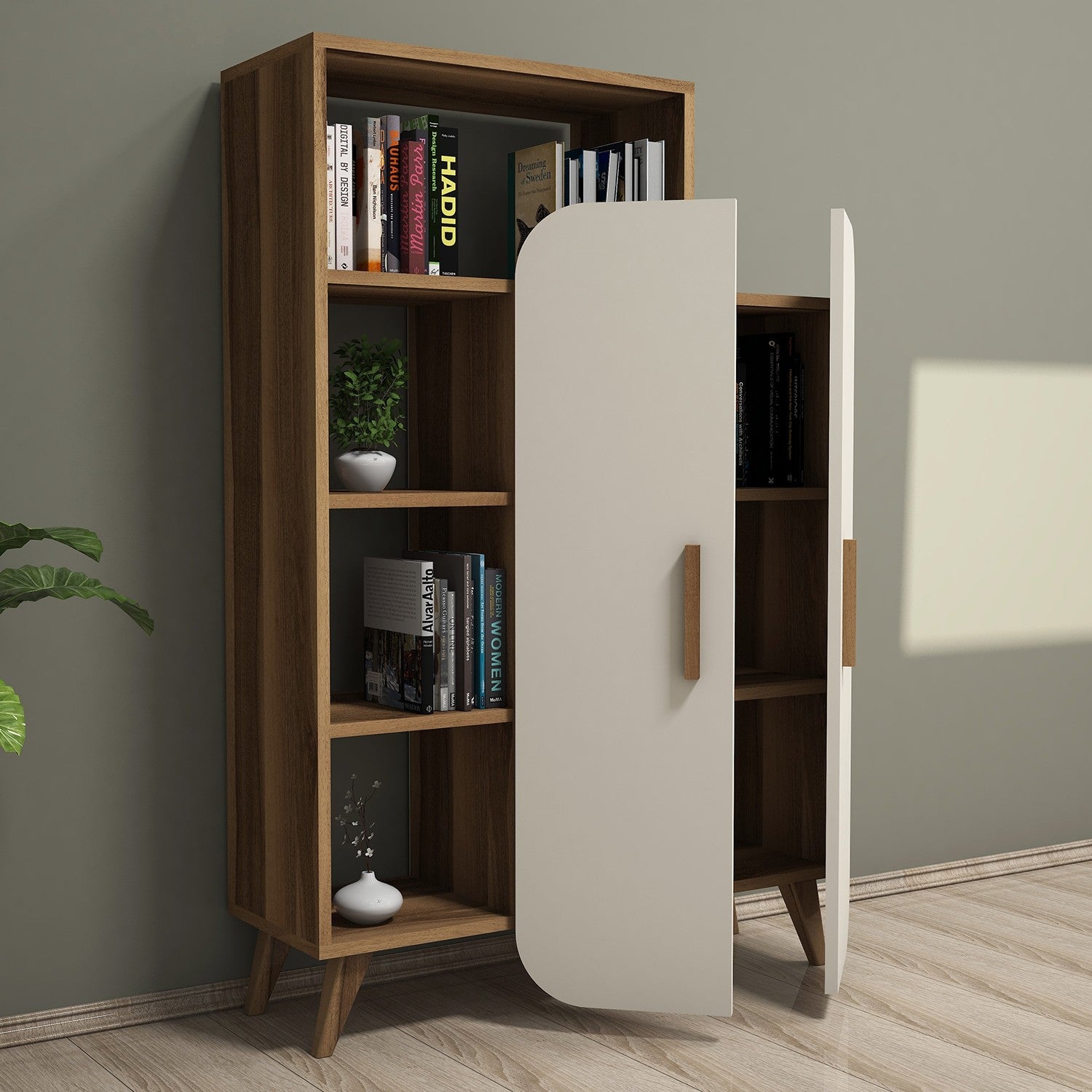 Estante moderna – 90 x 132 x 32 cm – Noz e Creme – madeira aglomerada