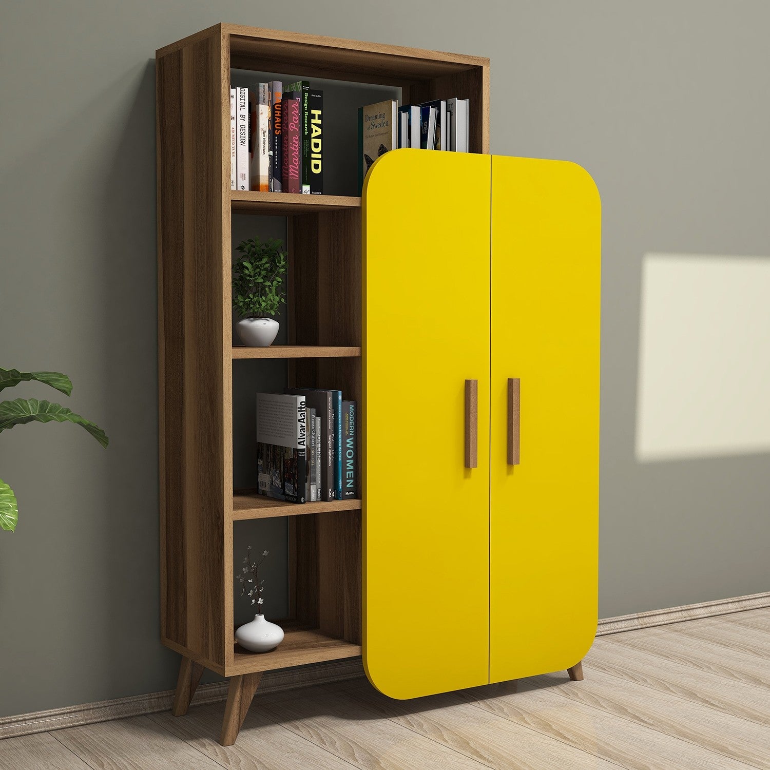 Estante – 90 x 132 x 32 cm – Nogueira e Amarelo – MDF