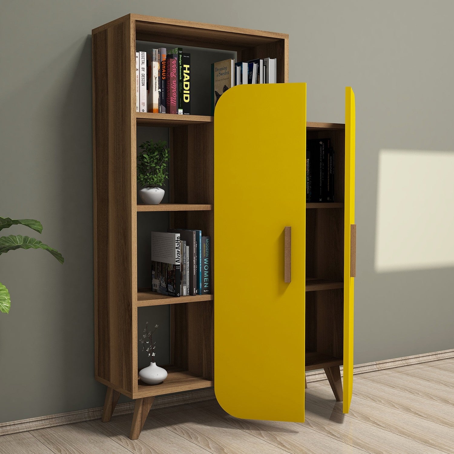 Estante – 90 x 132 x 32 cm – Nogueira e Amarelo – MDF