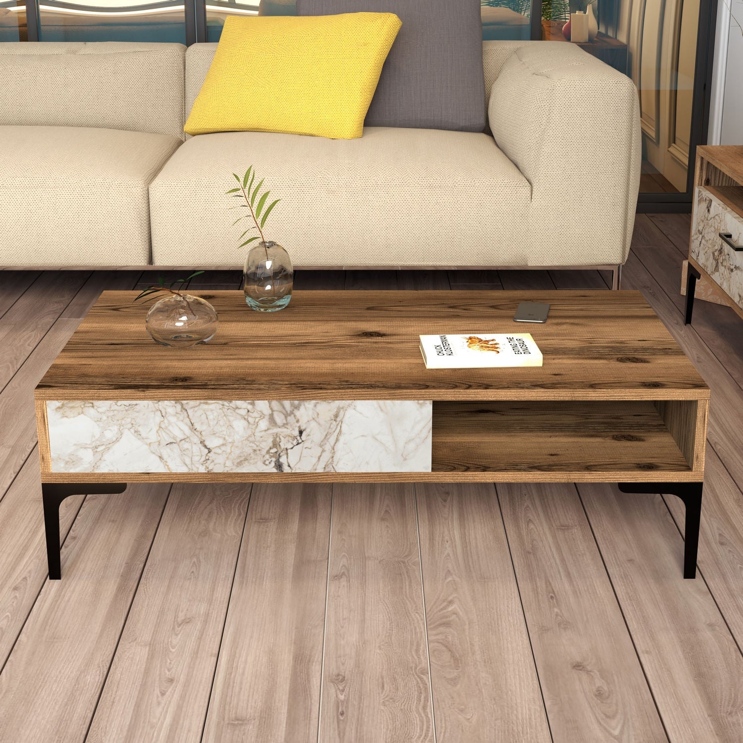 Mesa de Centro Moderna – 105 x 60 x 32,6 cm – Nogueira e Branco – Painel de Partículas Revestido a Melamina