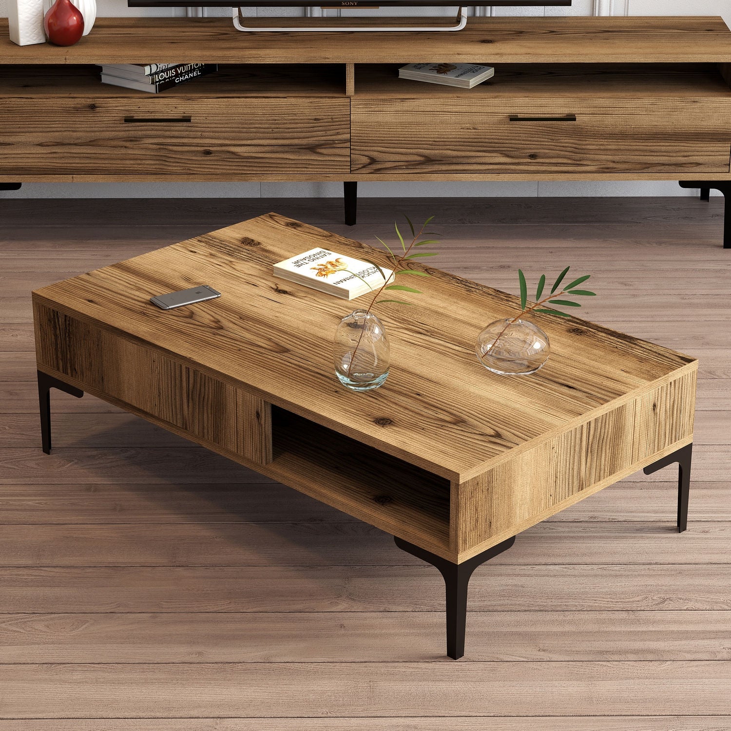 Mesa de Centro Moderna – 105 x 60 x 32,6 cm – Nogueira – Painel de Partículas revestido em Melamina