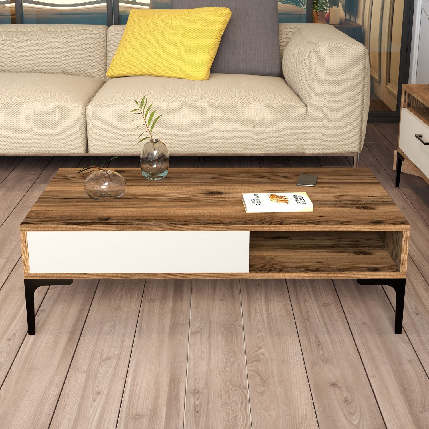 Mesa de Centro Moderna – 105 x 60 x 32,6 cm – Nogueira e Creme – Painel de Partículas revestido a Melamina