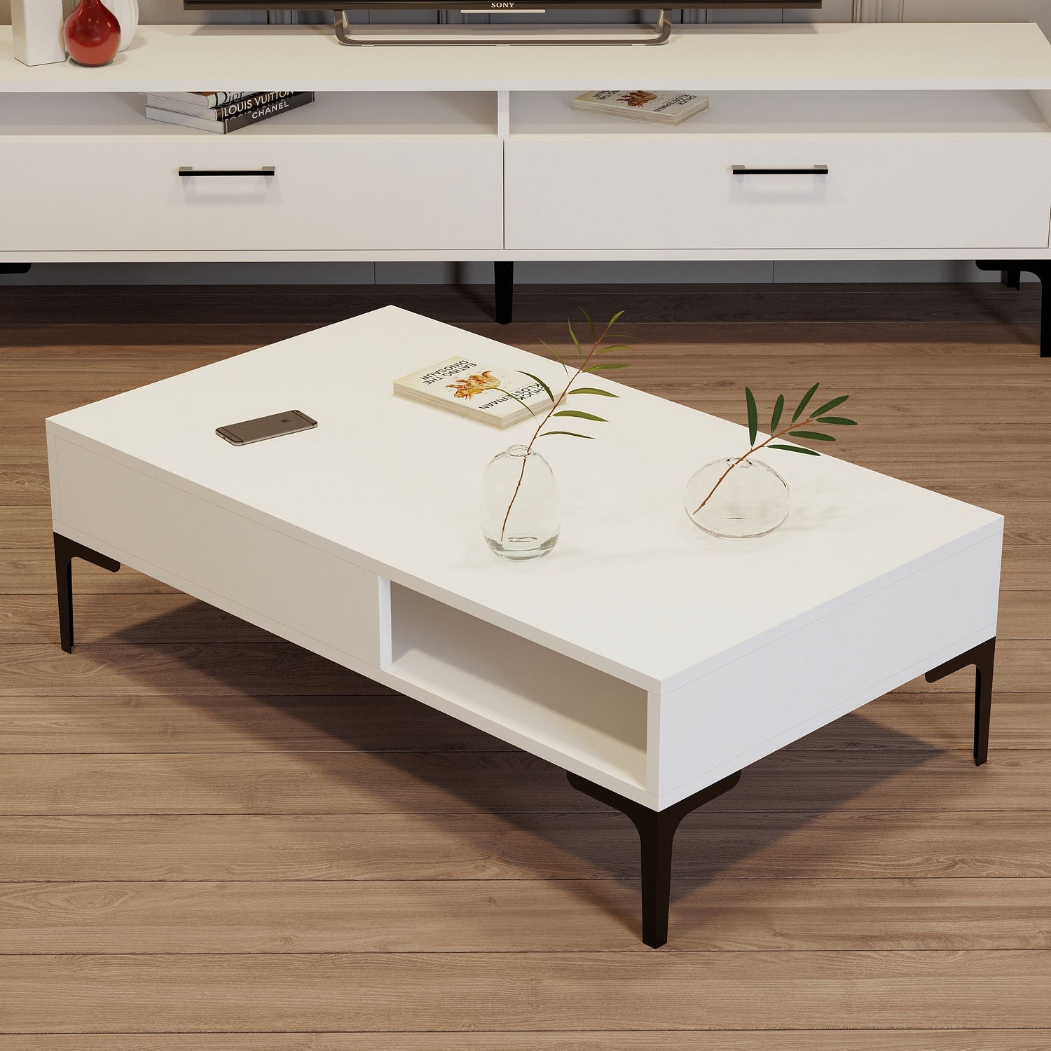 Mesa de Centro Moderna – 105 x 60 x 32,6 cm – Branca – Painel de Partículas Revestido a Melamina