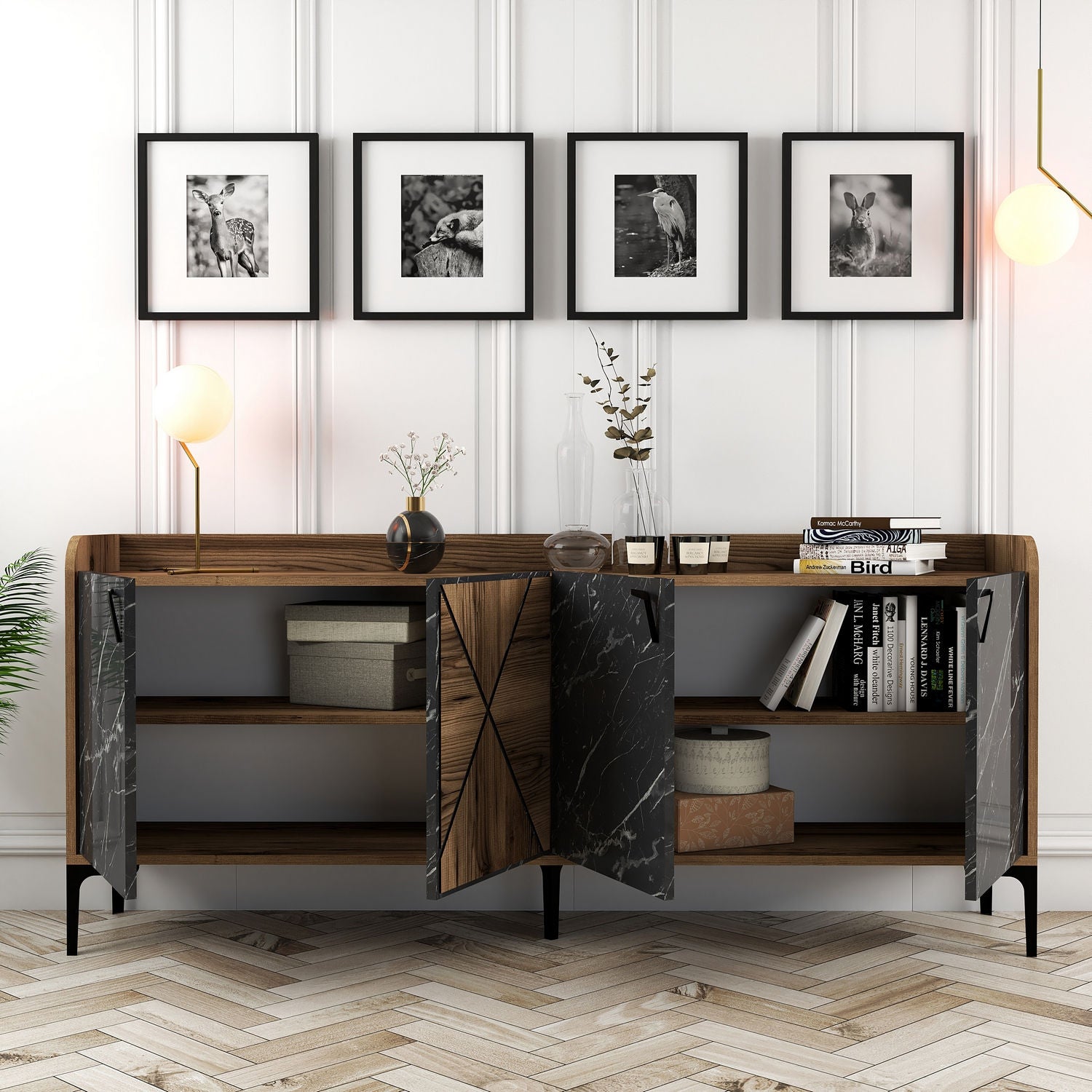 Aparador Industrial – 180 x 35 x 78 cm – Nogueira e Preto – Painéis de Partículas revestidos a Melamina