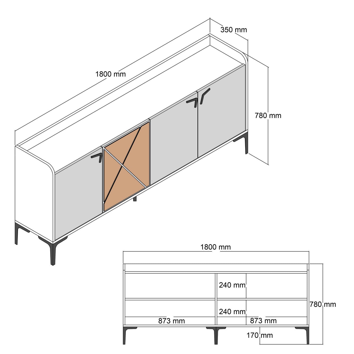Aparador Industrial – 180 x 35 x 78 cm – Nogueira e Preto – Painéis de Partículas revestidos a Melamina