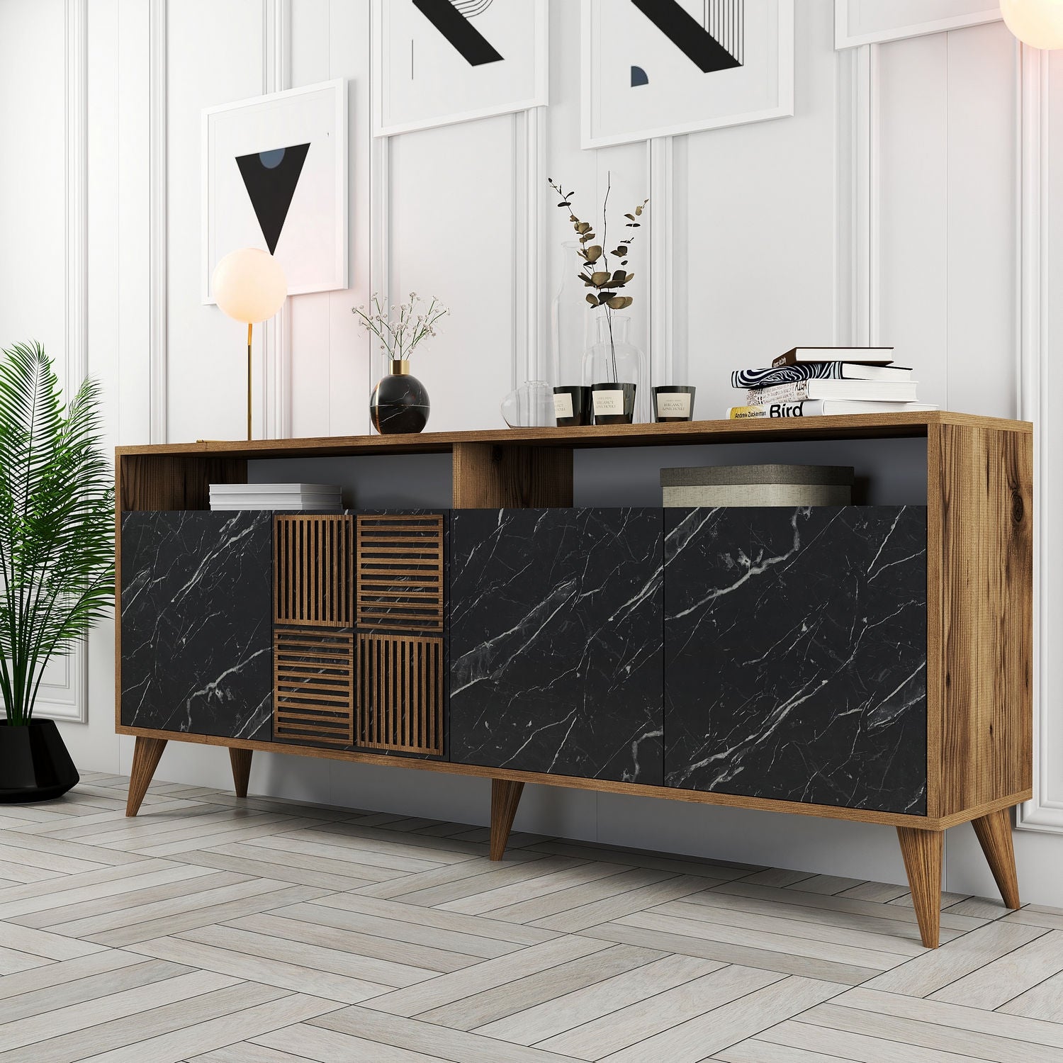Aparador Moderno – 180 x 35 x 78 cm – Nogueira e Preto – Painéis de Partículas revestidos a Melamina
