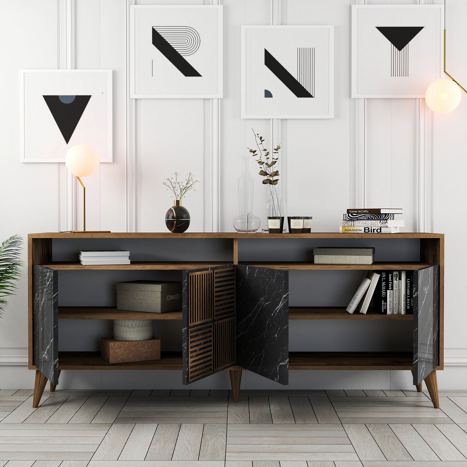 Aparador Moderno – 180 x 35 x 78 cm – Nogueira e Preto – Painéis de Partículas revestidos a Melamina
