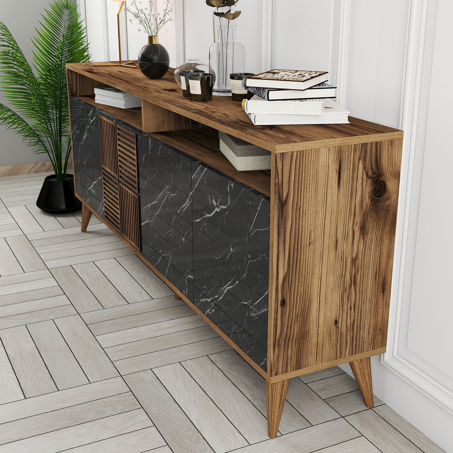 Aparador Moderno – 180 x 35 x 78 cm – Nogueira e Preto – Painéis de Partículas revestidos a Melamina