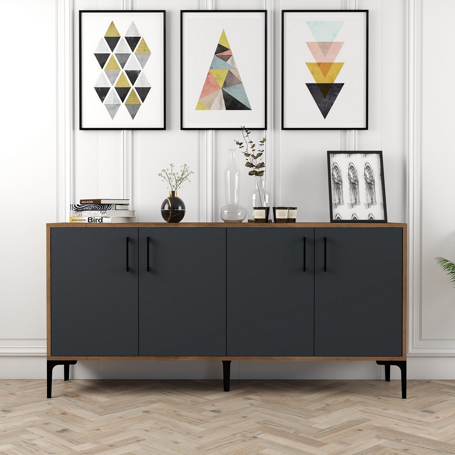 Aparador Industrial – 160 cm x 78 cm x 35 cm – Nogueira e Antracite – Melamina e Metal