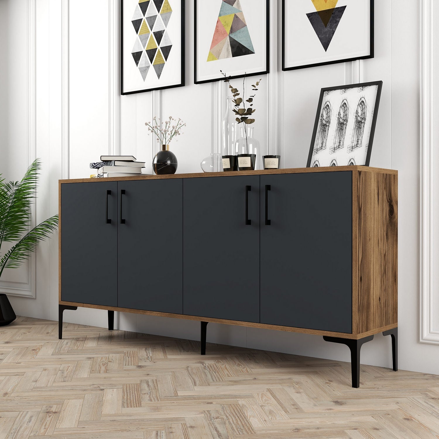 Aparador Industrial – 160 cm x 78 cm x 35 cm – Nogueira e Antracite – Melamina e Metal