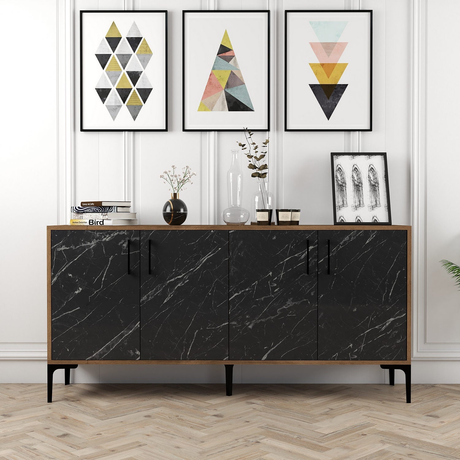 Aparador Industrial – 160 x 78 x 35 cm – Nogueira e Mármore Preto – Melamina e Metal