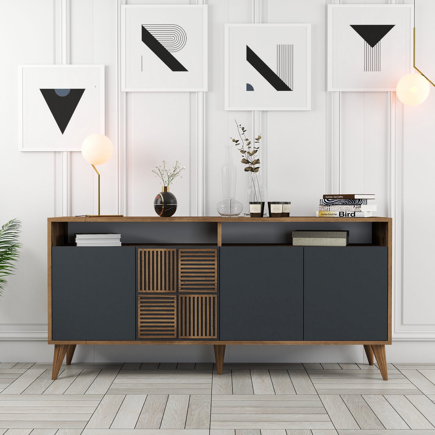 Aparador Moderno – 160 x 78 x 35 cm – Nogueira e Antracite – 100% Melamina