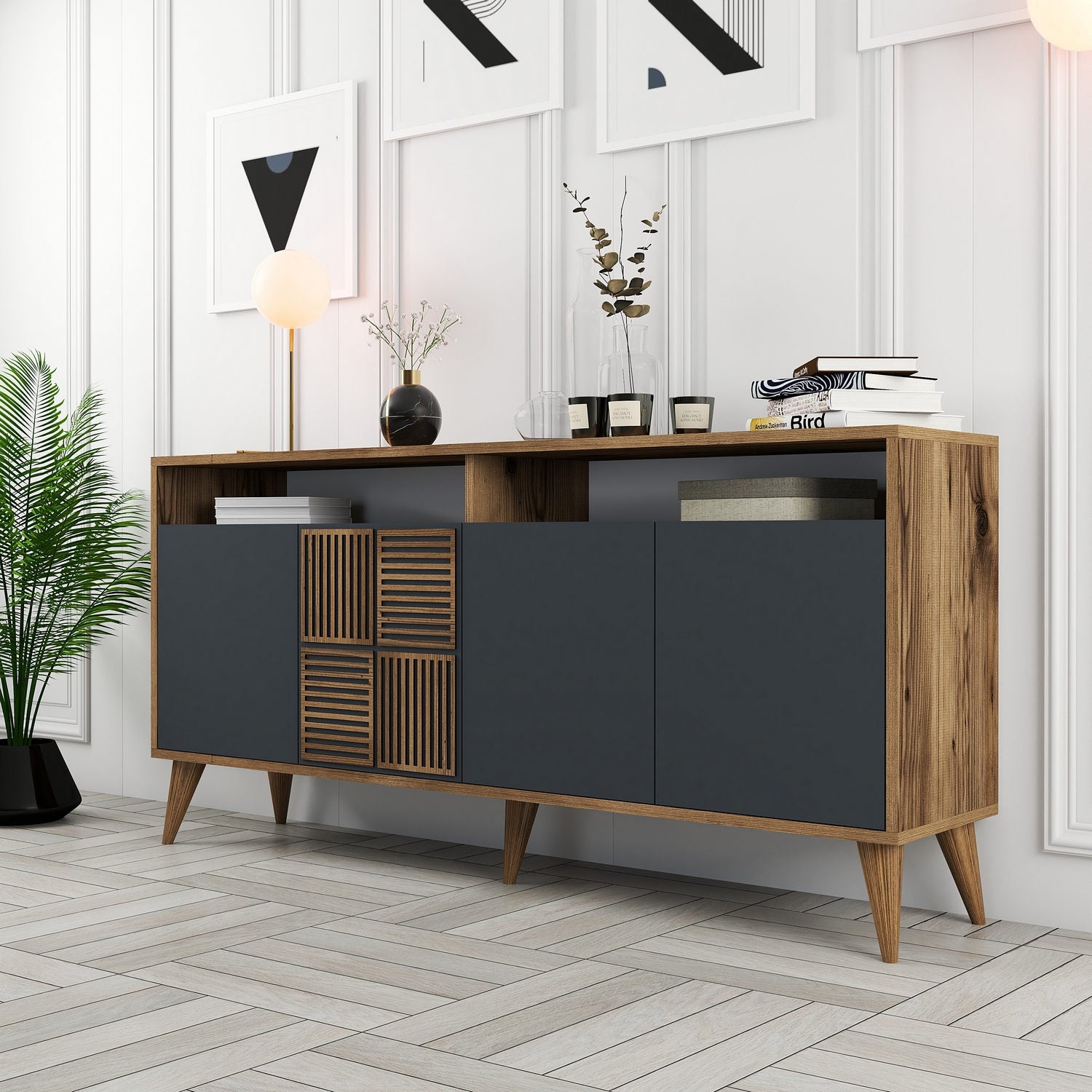 Aparador Moderno – 160 x 78 x 35 cm – Nogueira e Antracite – 100% Melamina