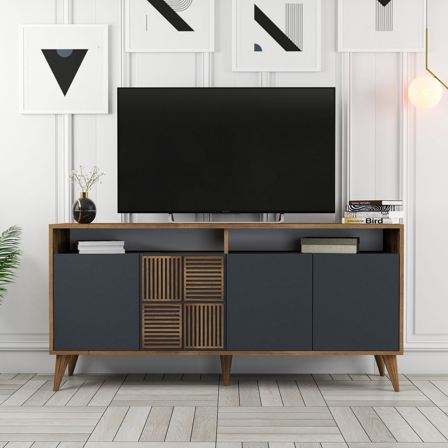 Aparador Moderno – 160 x 78 x 35 cm – Nogueira e Antracite – 100% Melamina