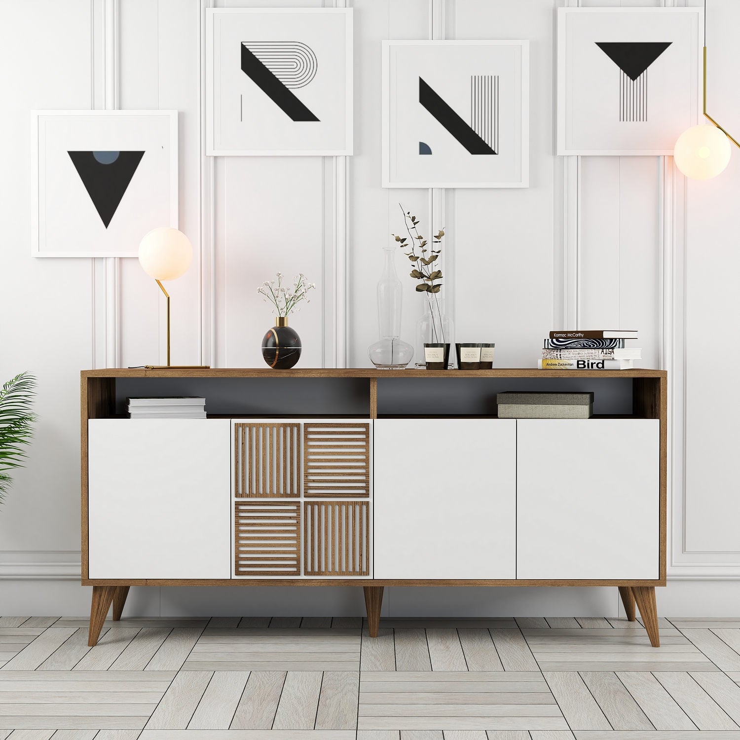 Aparador Moderno – 160 x 78 x 35 cm – Nogueira e Branco – Painéis de Partículas Revestidos a Melamina