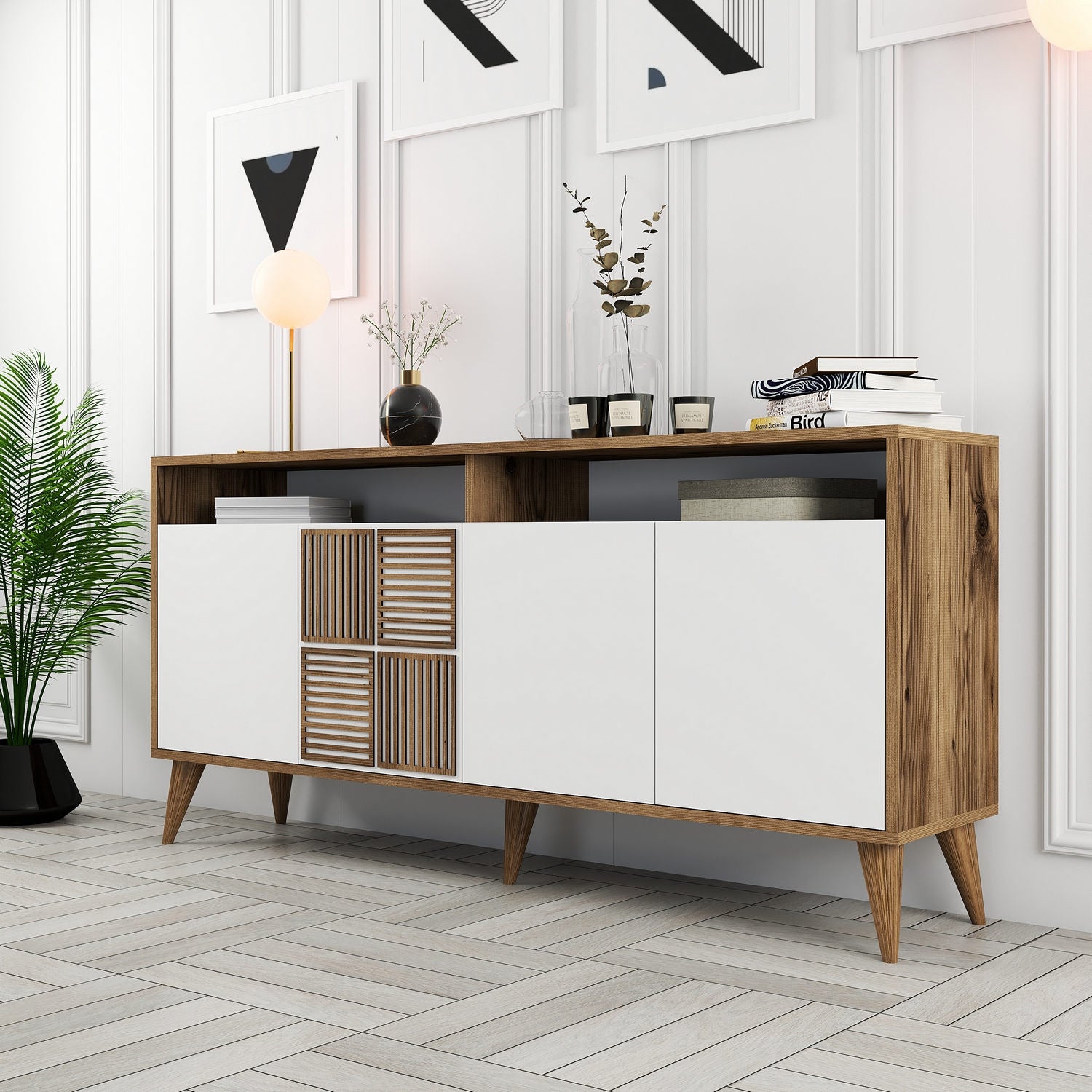 Aparador Moderno – 160 x 78 x 35 cm – Nogueira e Branco – Painéis de Partículas Revestidos a Melamina
