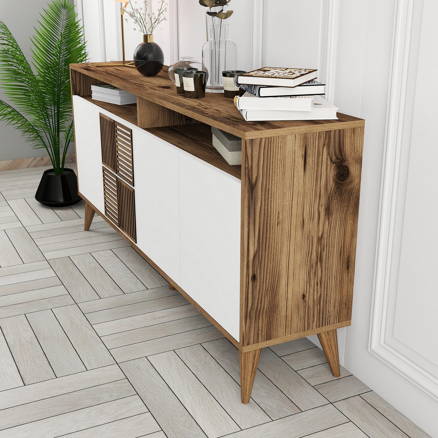 Aparador Moderno – 160 x 78 x 35 cm – Nogueira e Branco – Painéis de Partículas Revestidos a Melamina