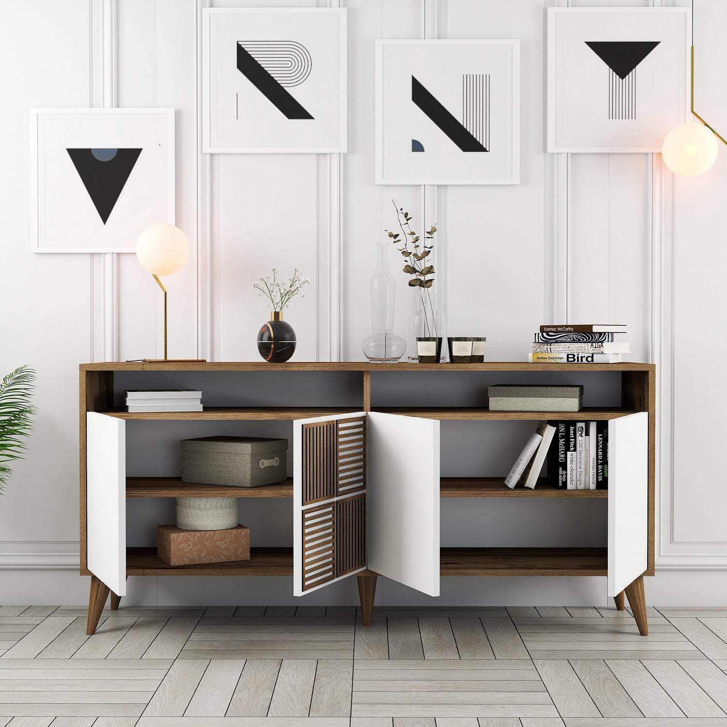 Aparador Moderno – 160 x 78 x 35 cm – Nogueira e Branco – Painéis de Partículas Revestidos a Melamina
