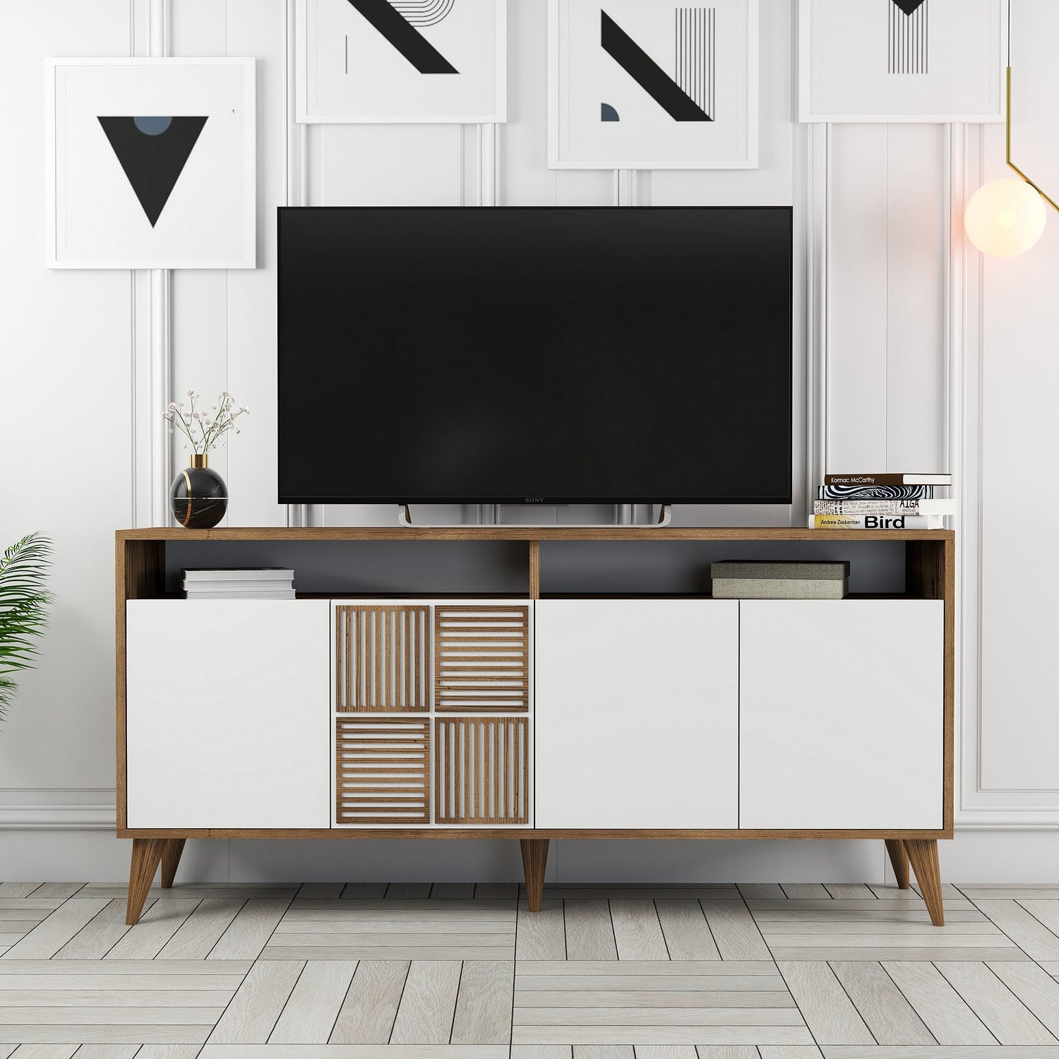 Aparador Moderno – 160 x 78 x 35 cm – Nogueira e Branco – Painéis de Partículas Revestidos a Melamina