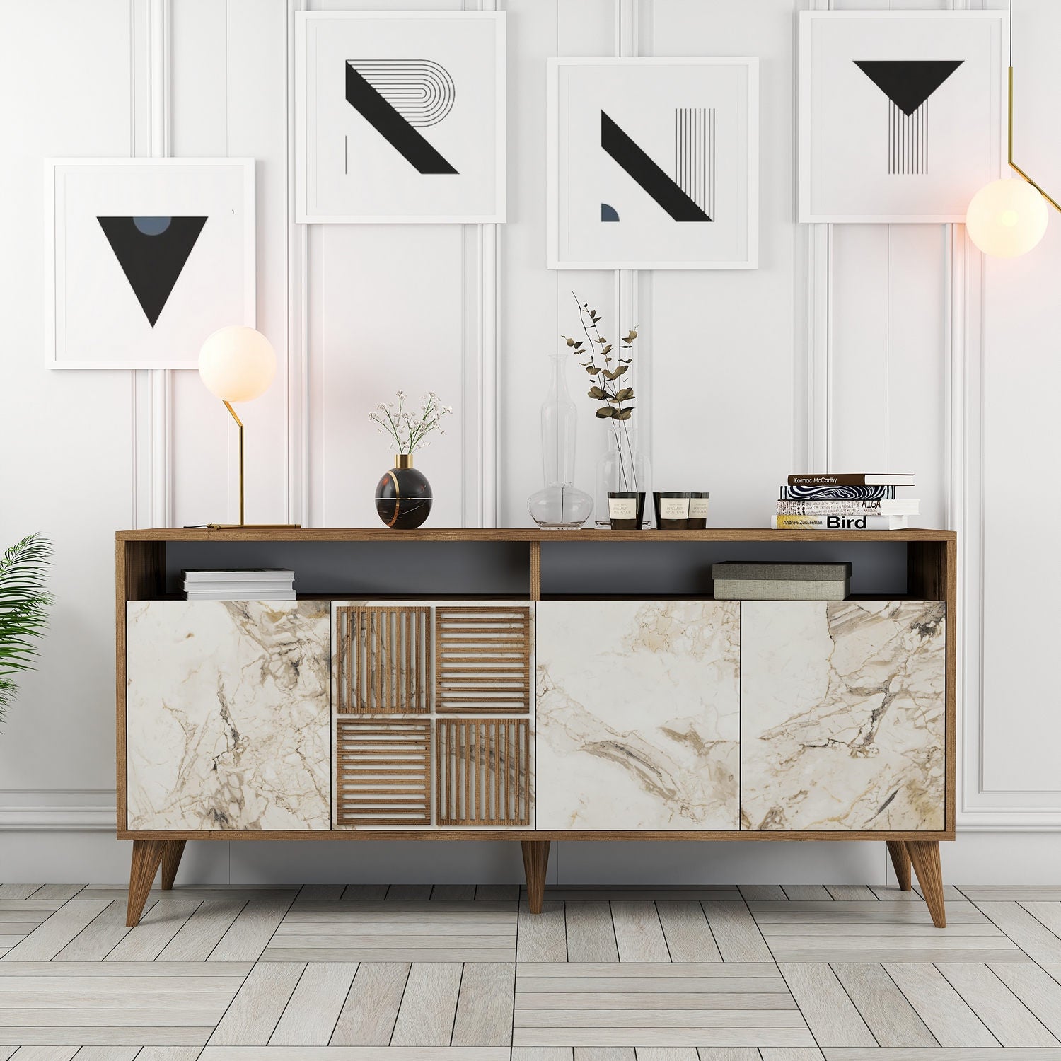 Aparador Moderno – 160 x 78 x 35 cm – Nogueira e Mármore Branco – Melamina