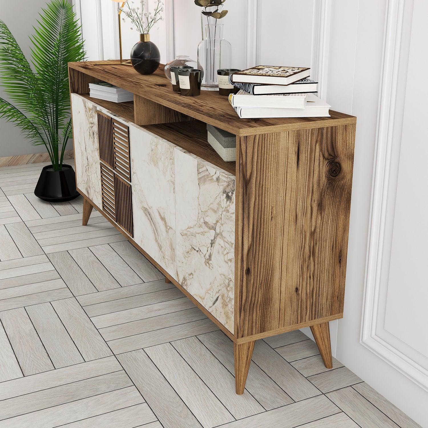 Aparador Moderno – 160 x 78 x 35 cm – Nogueira e Mármore Branco – Melamina