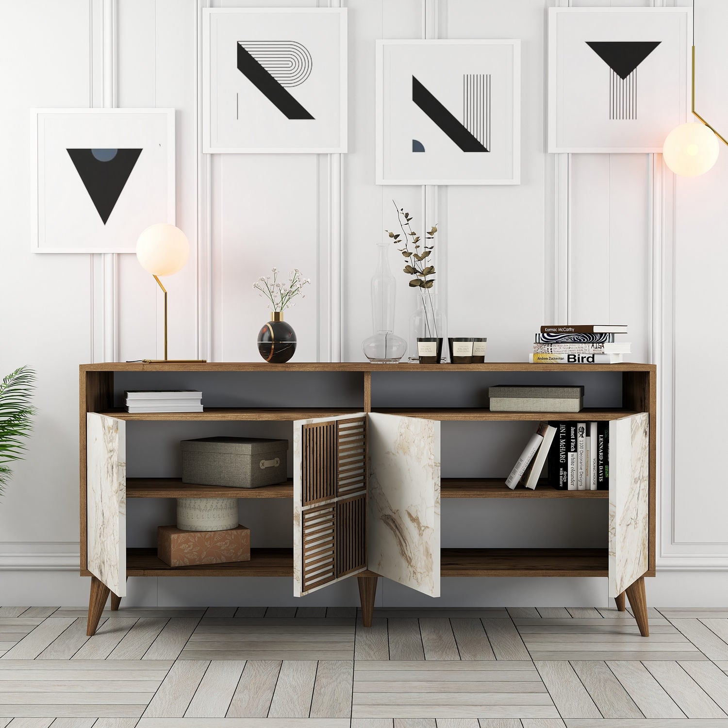 Aparador Moderno – 160 x 78 x 35 cm – Nogueira e Mármore Branco – Melamina