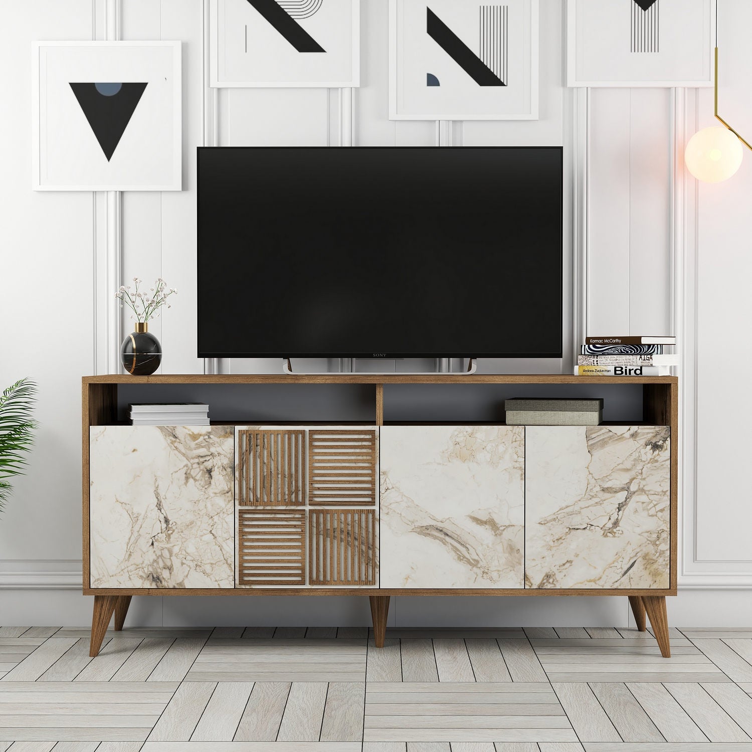 Aparador Moderno – 160 x 78 x 35 cm – Nogueira e Mármore Branco – Melamina