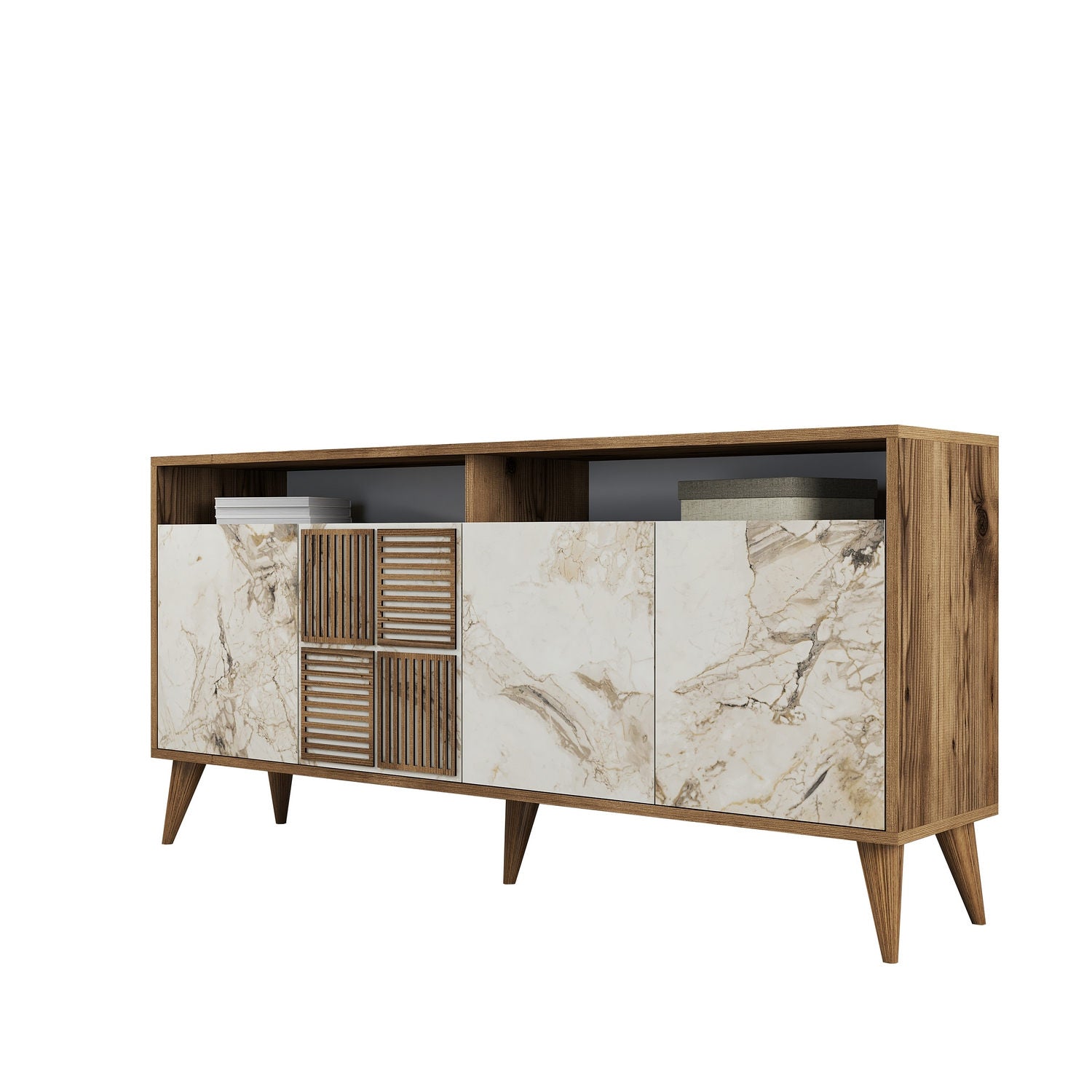 Aparador Moderno – 160 x 78 x 35 cm – Nogueira e Mármore Branco – Melamina